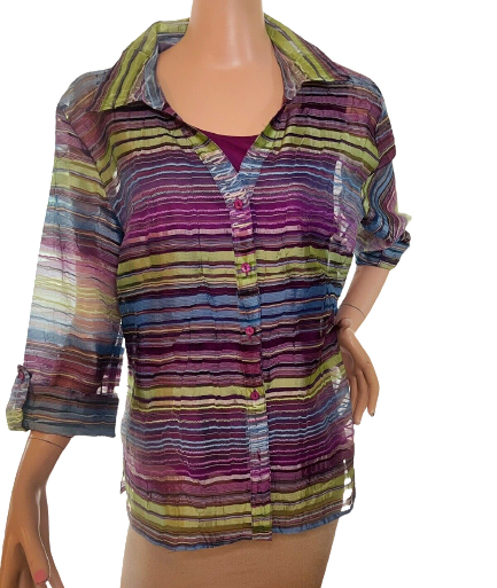 Elementz Macy’s Women Sz L Burnout Sheer Purple Stripe Shirt Jacket Top w Cami